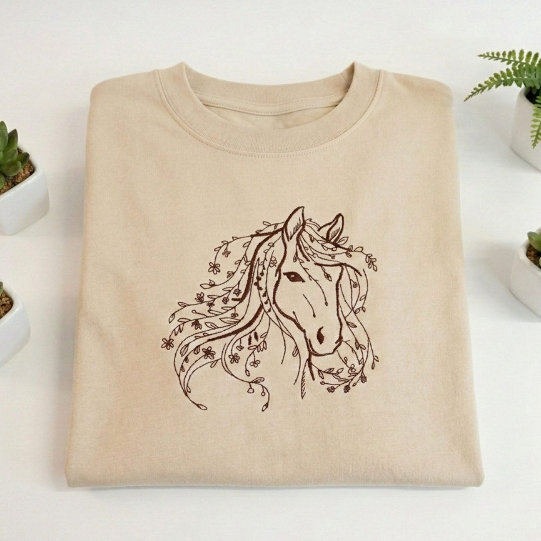 White and Brown Stylish Appliances Product Features Instagram Post (2) Floral Horse Oversized Tee - Image 1